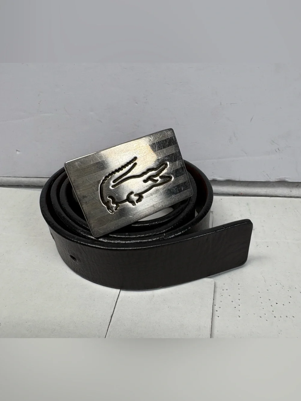 Lacoste Men's Black Leather Belt Crocodile Logo Size 32 Used Fast Shipping